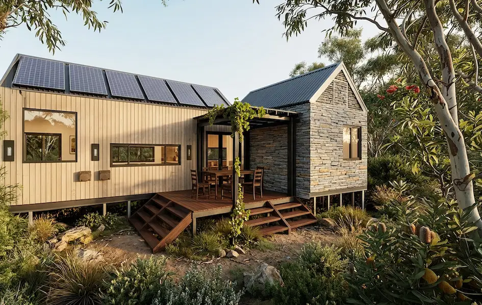 Sustainable modular home featuring timber cladding and elevated on piers for minimal site disturbance