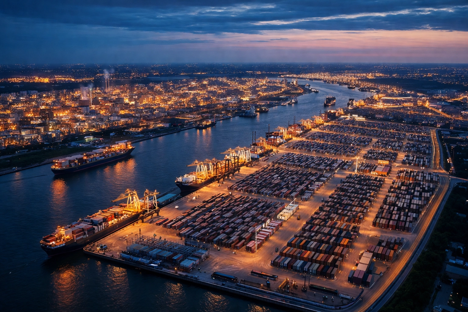 Port of Rotterdam at dusk showing Europe's largest international seaport and container terminal