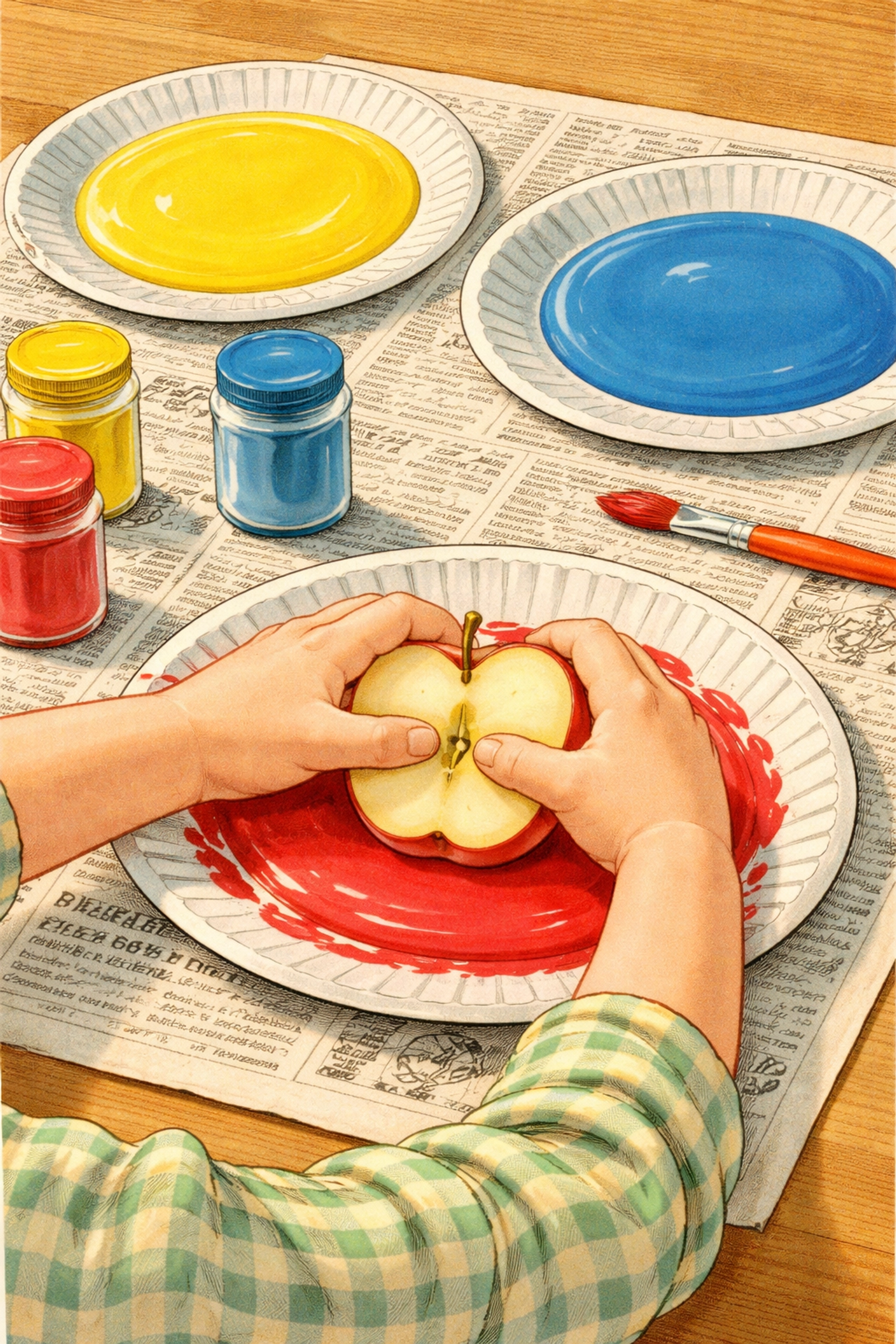 Child's hands pressing apple into red paint, prepping for fun fruit stamping craft activity