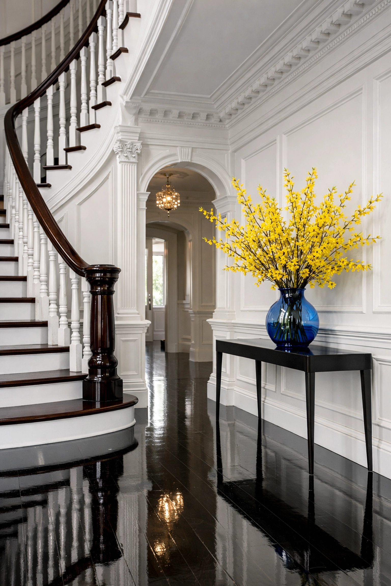 Impeccably clean historic foyer with polished wood and white wainscoting, a result of expert Cohasset luxury cleaning.