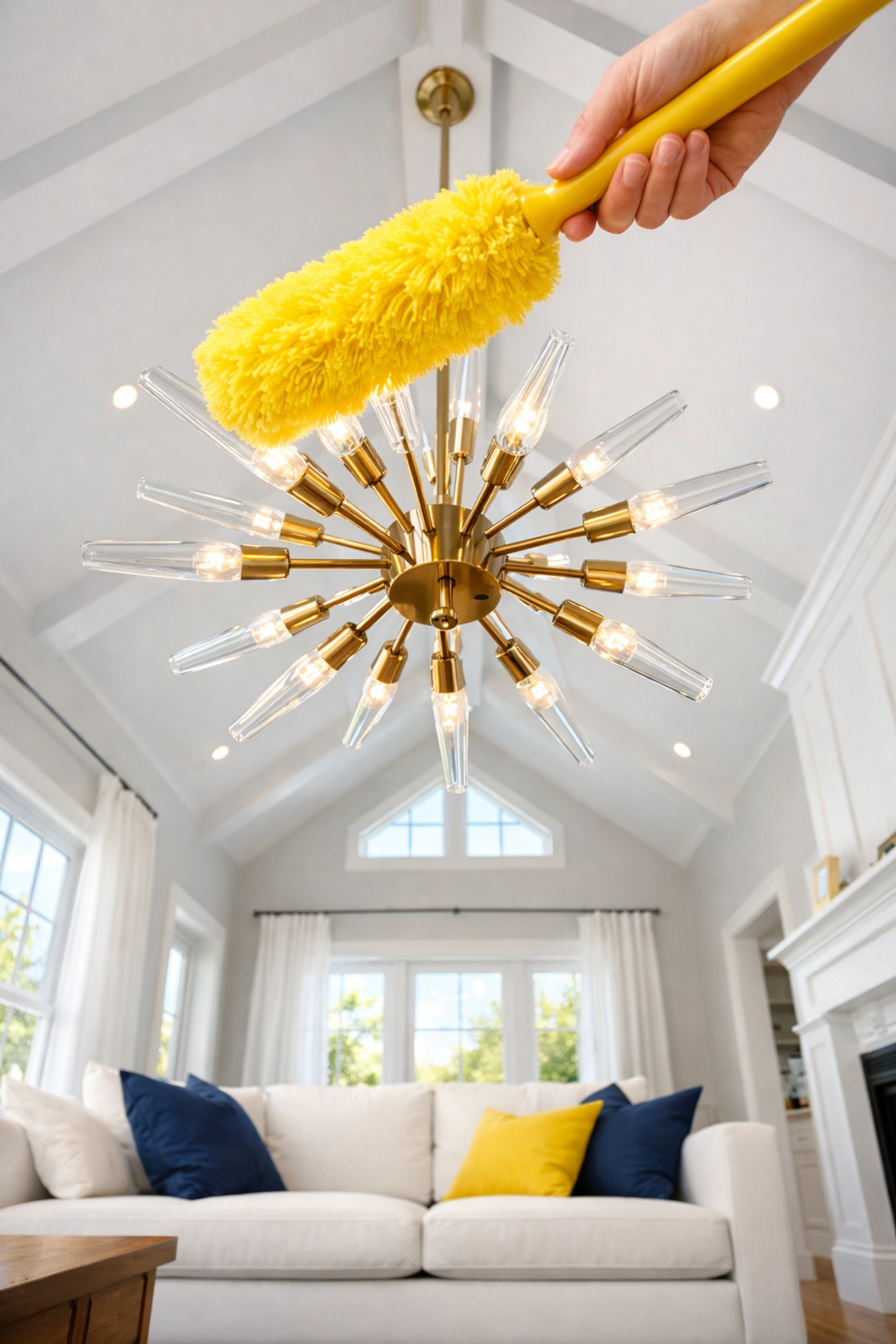 Luxury house cleaning MA using a top-to-bottom dusting technique on a high-end living room chandelier.