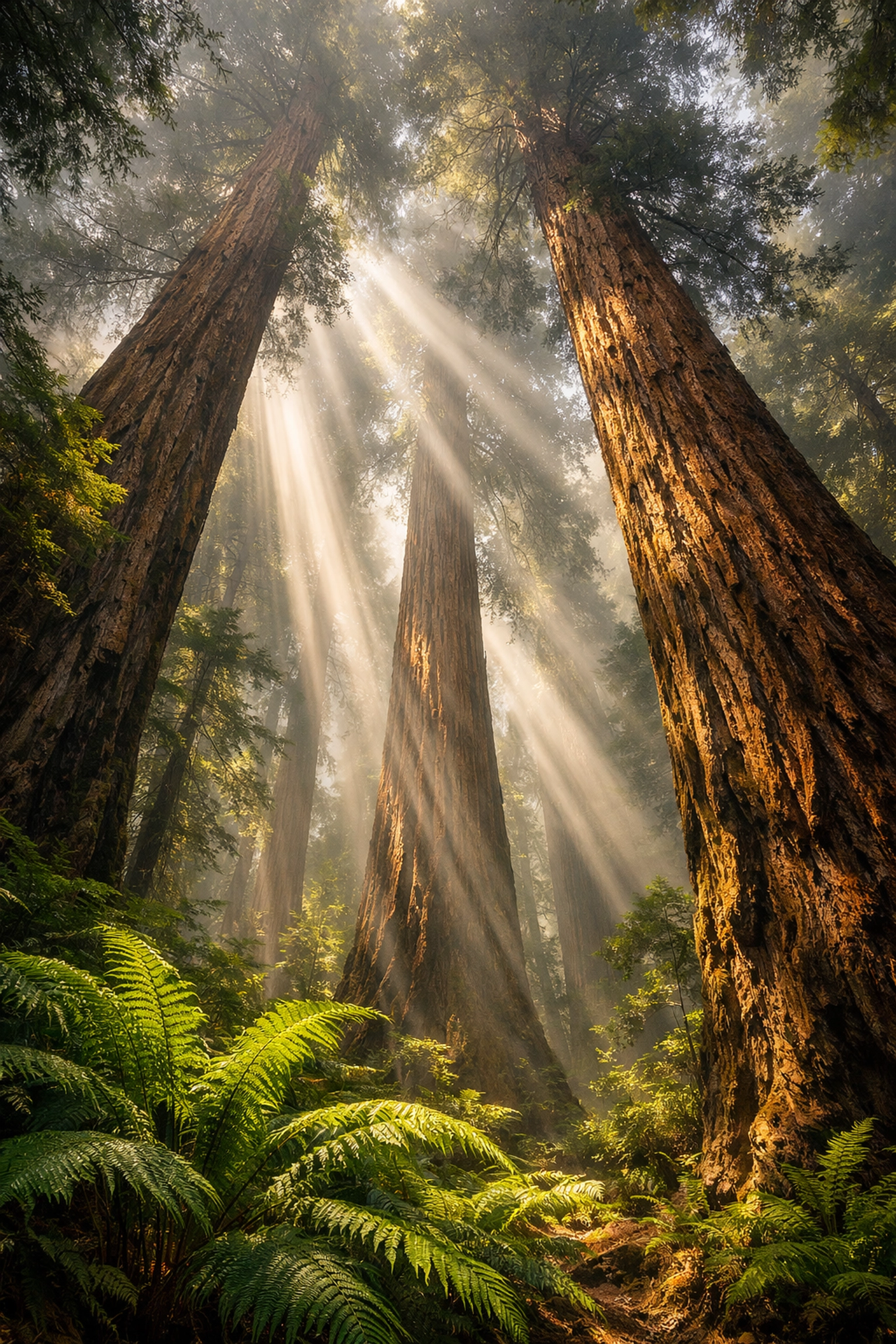 Sunlight filtering through massive redwood trees, creating unique landscape photography locations.