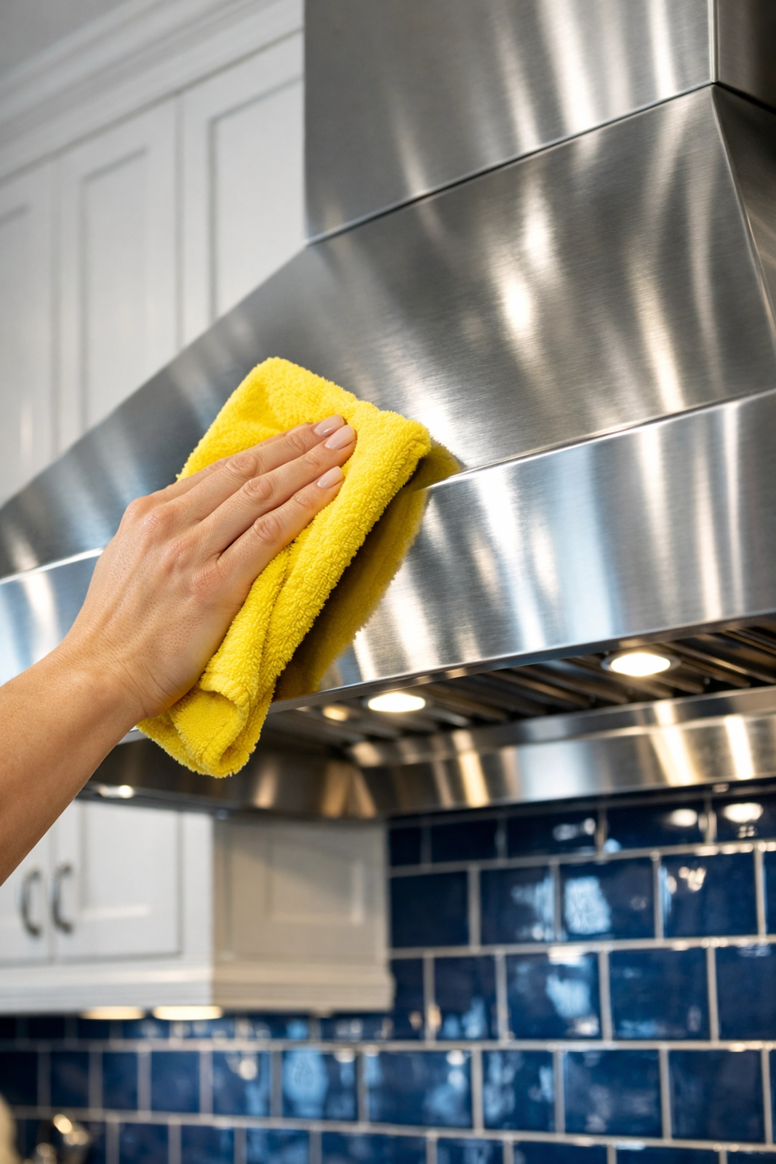 Detail of a polished kitchen stove hood during professional house cleaning in Sherborn, MA.