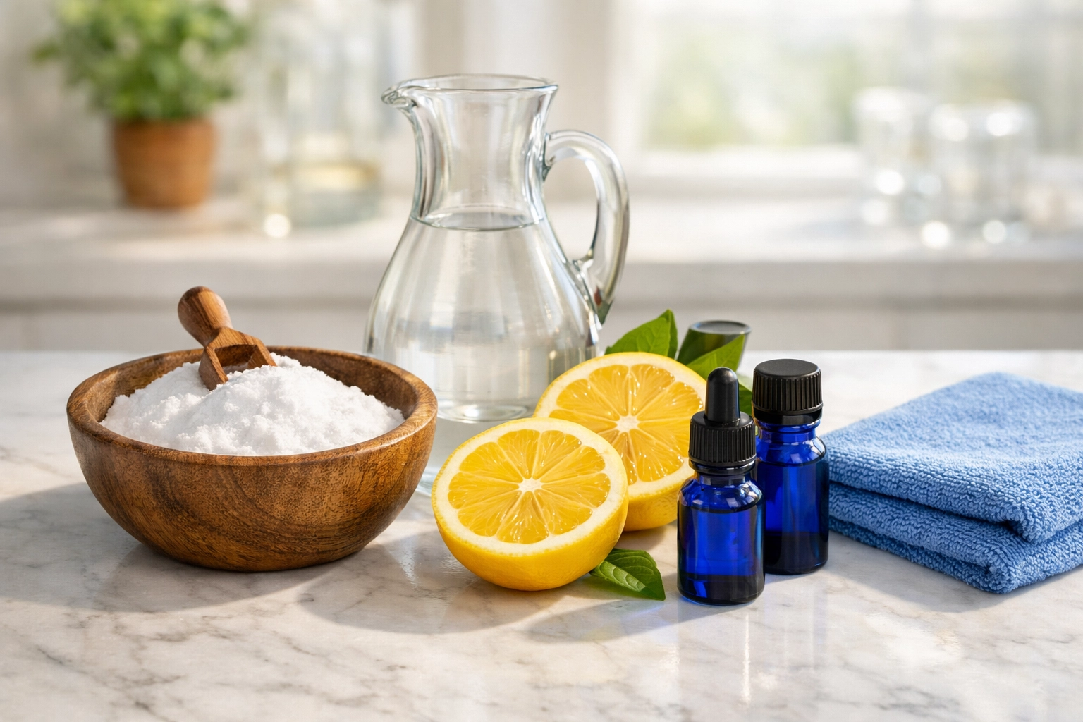 Natural ingredients like lemons and vinegar used for non-toxic bathroom cleaning in Worcester.