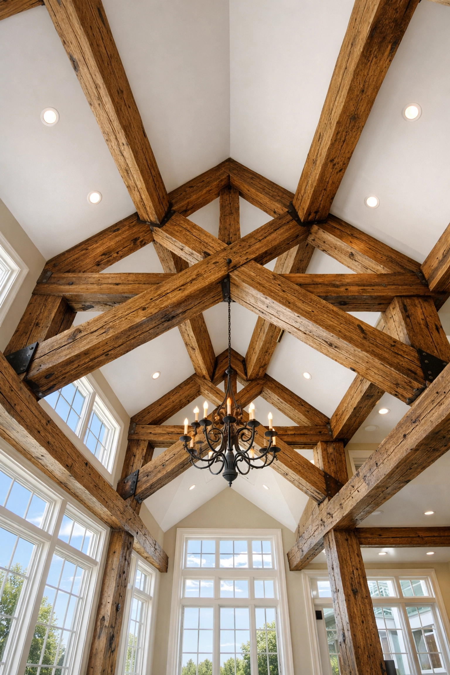 Rustic reclaimed wood ceiling beams in a grand NJ room with high-end architectural millwork.