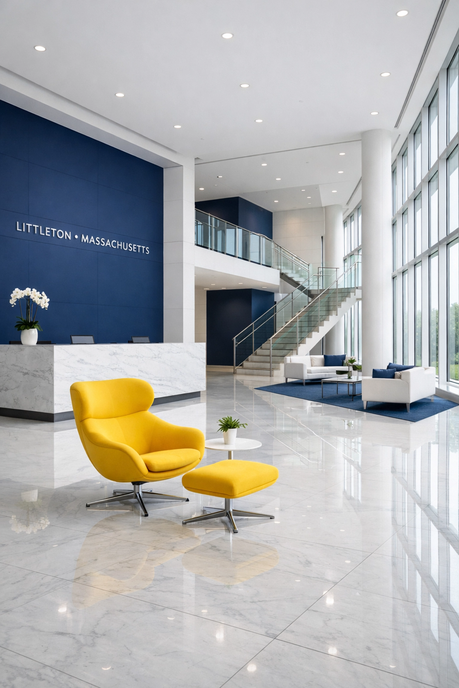 Polished modern office lobby in Littleton illustrating high-standard commercial cleaning and disinfection.