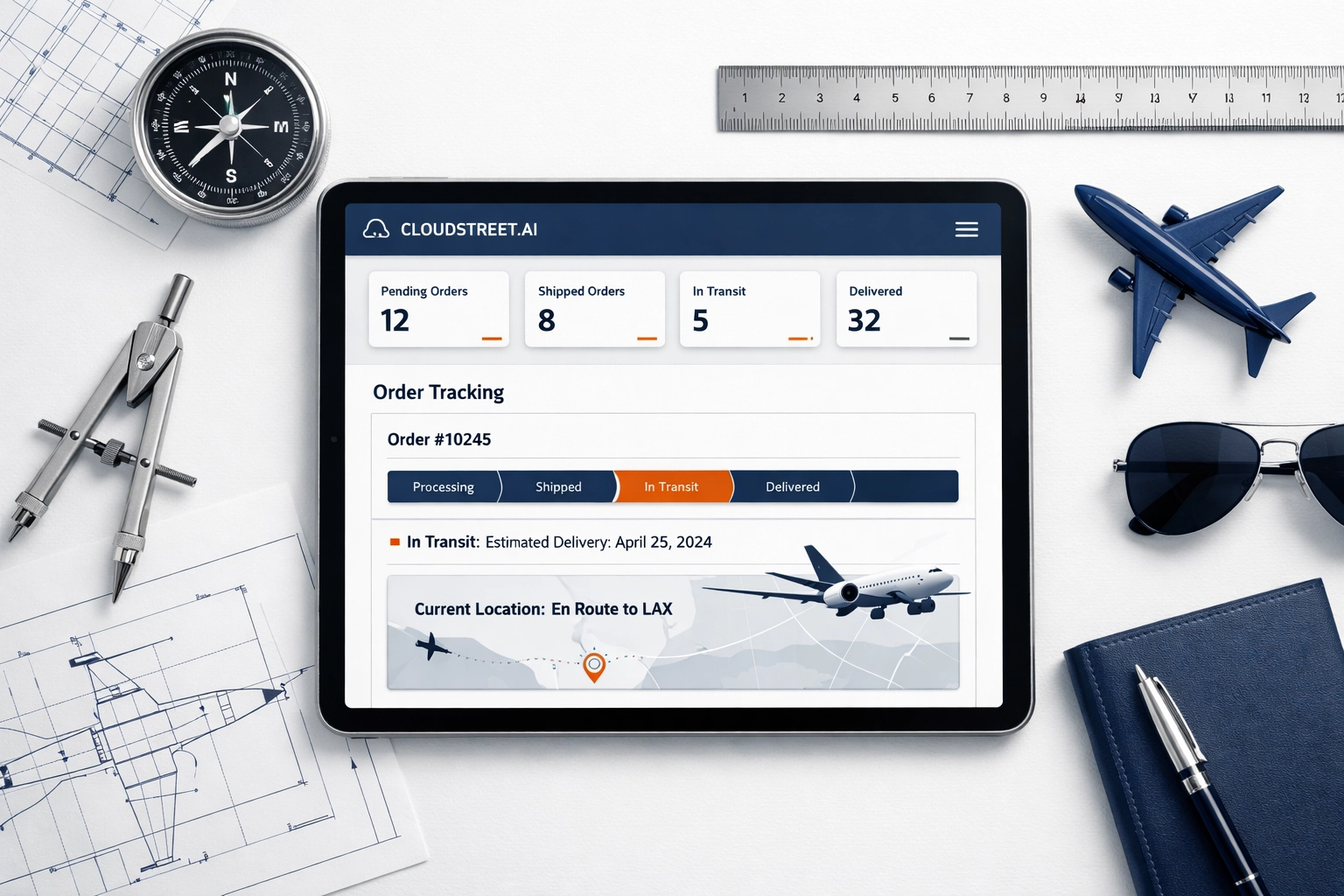Aviation order tracking dashboard on tablet with technical drawings for aerospace parts management