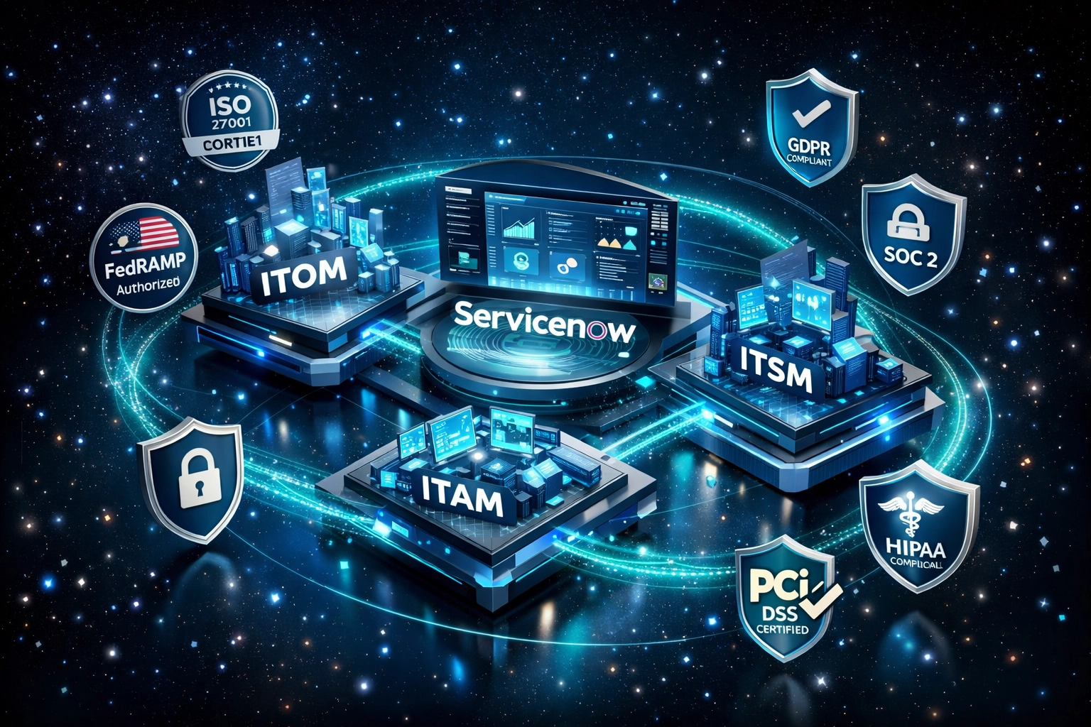 ServiceNow ITOM, ITAM, and ITSM modules interconnected with certification badges and compliance shields