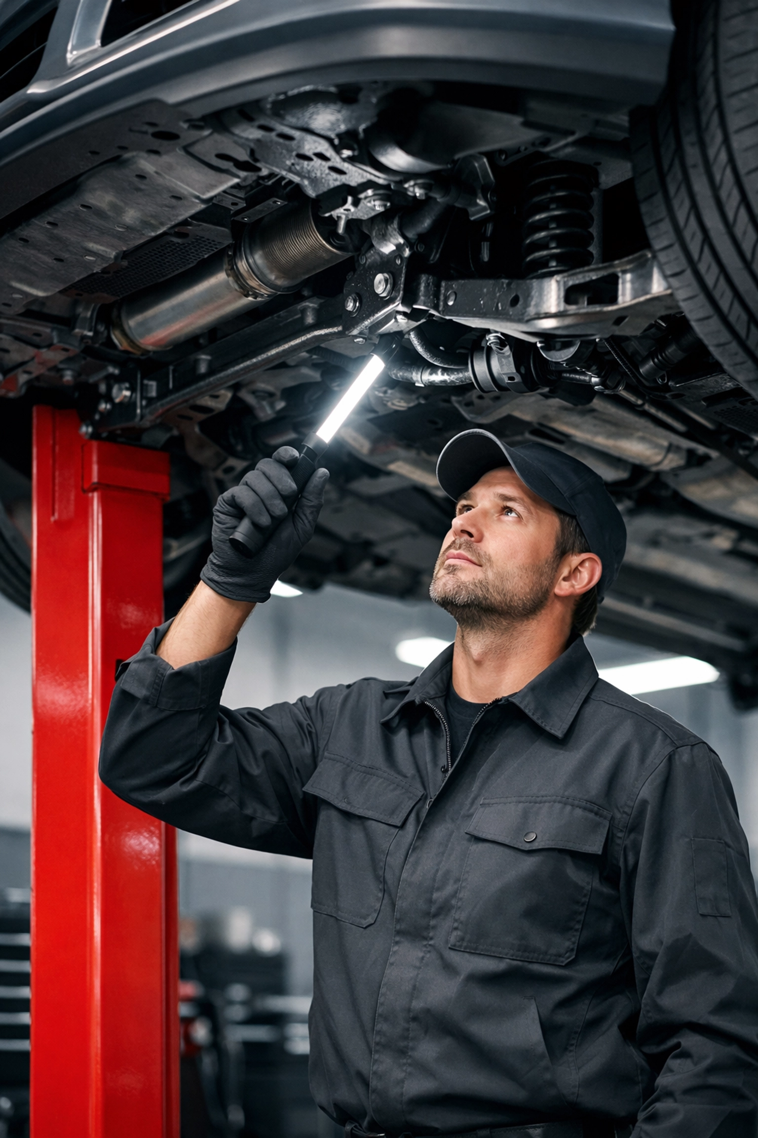 Mechanic inspecting a car's undercarriage on a lift during a professional pre-purchase inspection in Toronto.
