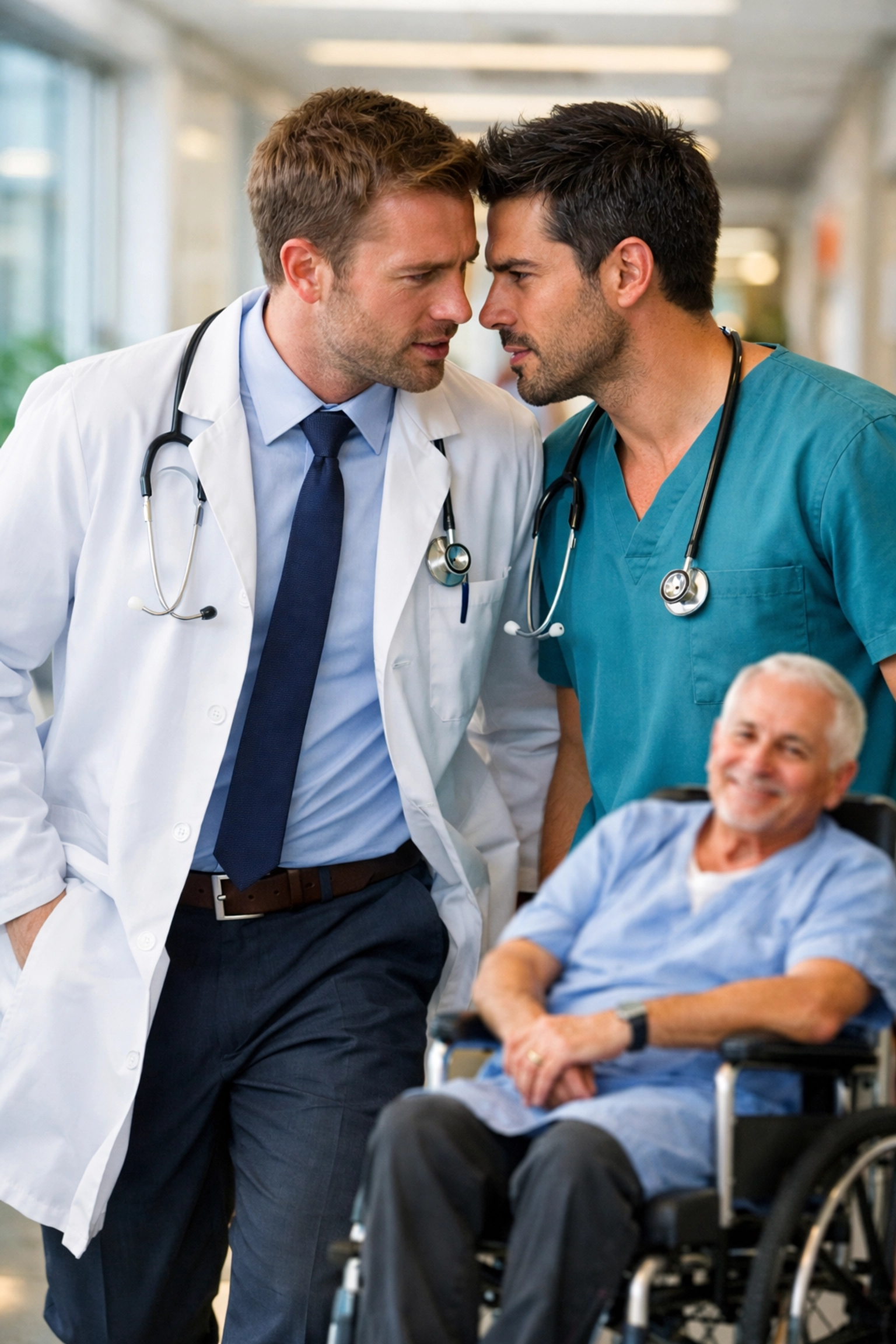 Male doctors whispering in a hospital corridor, capturing the drama of gay workplace romance stories.