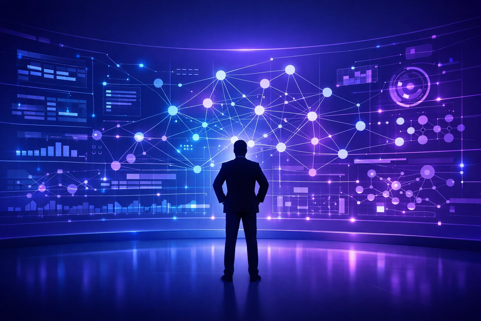 Professional analyzing holographic data representing CMM Level 5 standards in SAP ABAP and FICO training.
