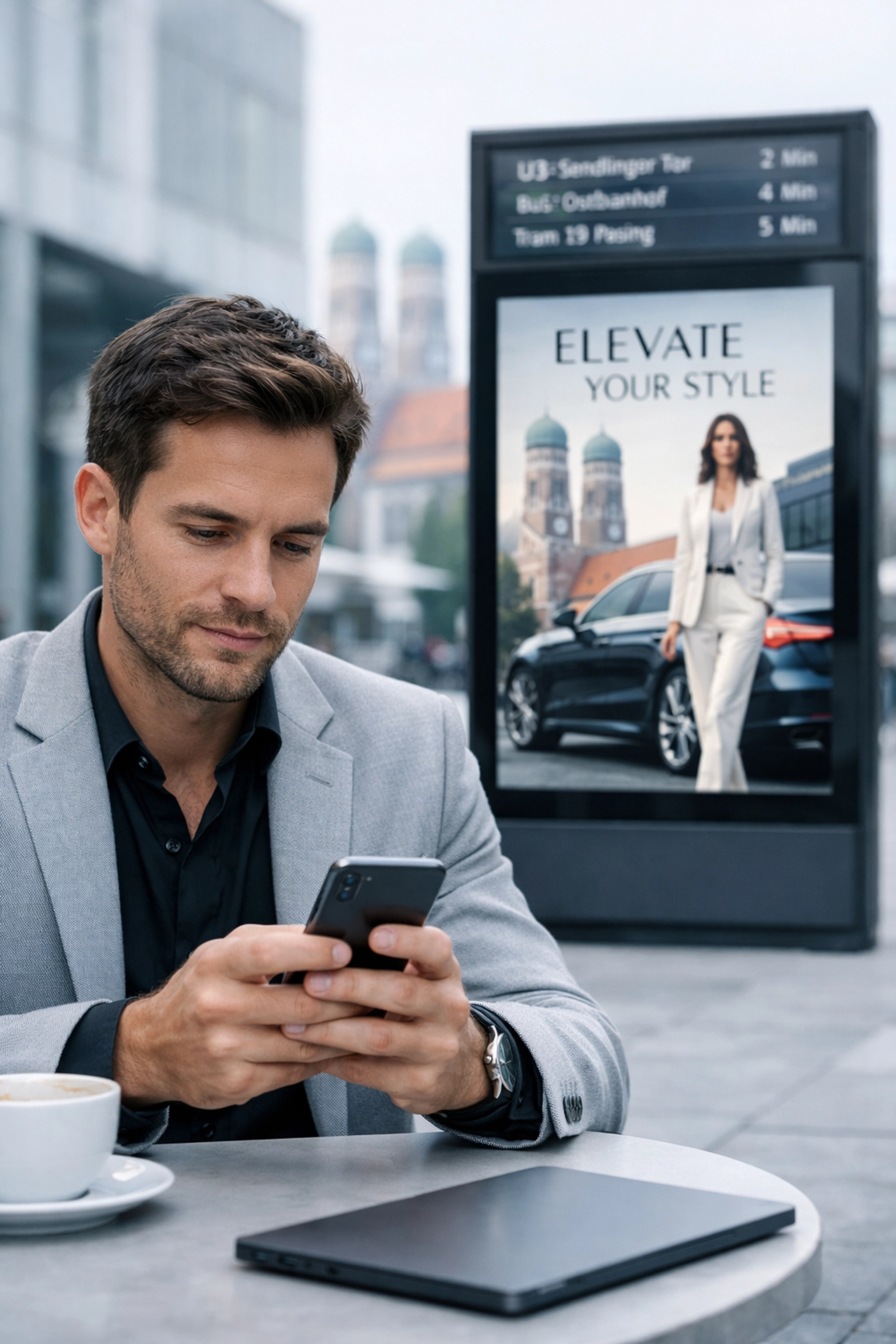 A professional in Munich using a smartphone near a digital advertising kiosk, showing unified DOOH retargeting.