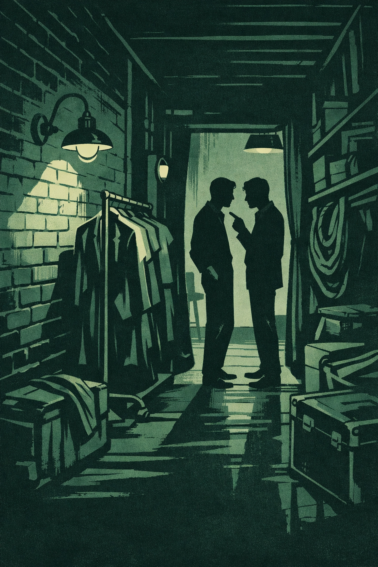 Backstage theater setting with gay romance couple in intense conversation for LGBTQ+ mystery fiction