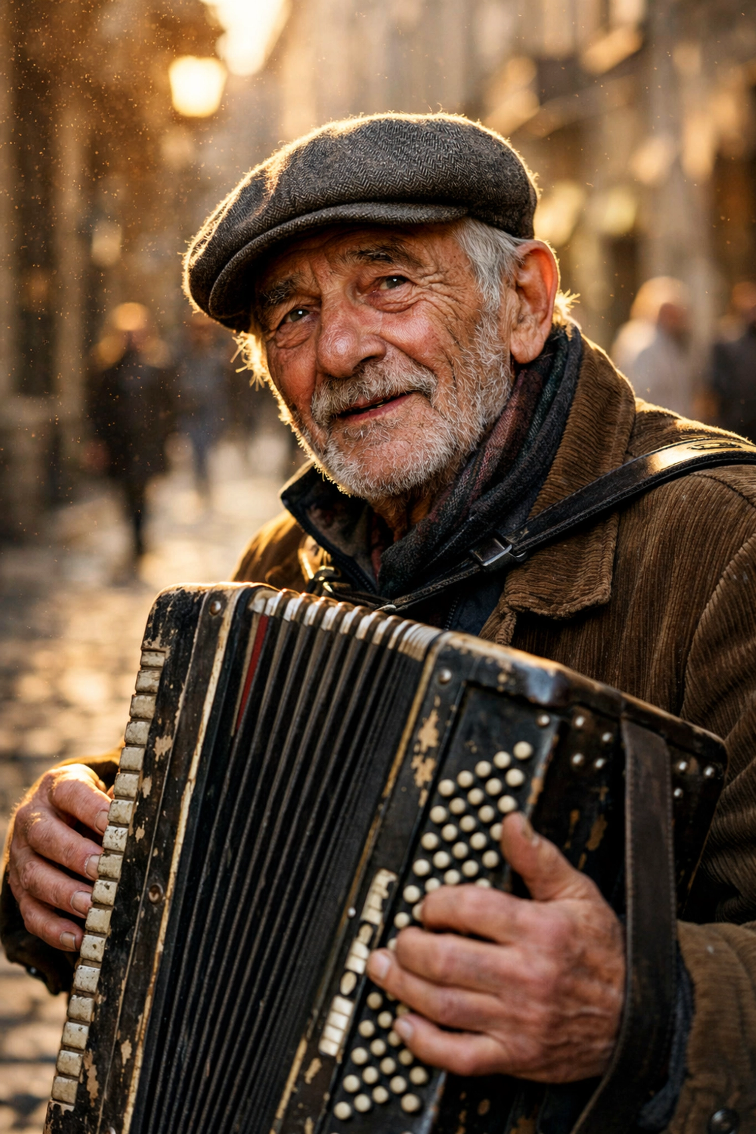 Candid street photography portrait of an accordion player capturing a storytelling moment.