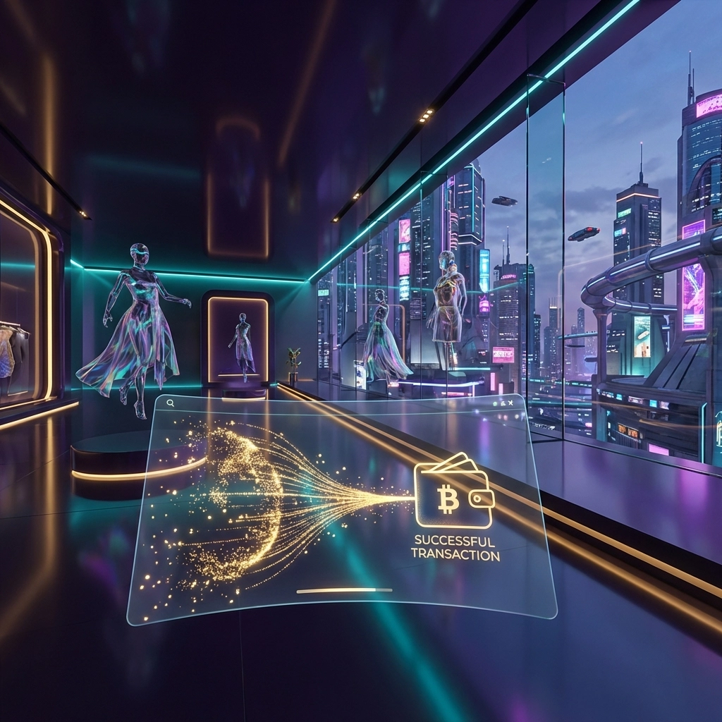 Real-time LUSD stablecoin transaction inside a high-tech metaverse retail store using Larecoin.ai payments.