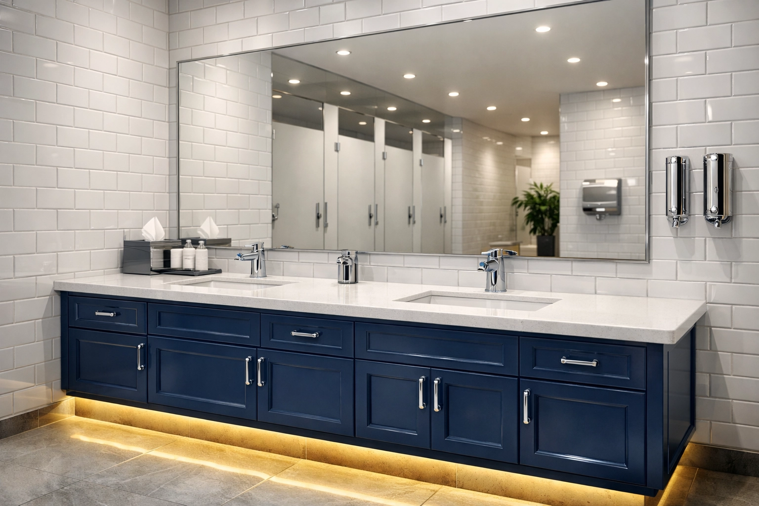 Spotless commercial restroom with white tiles and blue vanity, reflecting expert Melrose cleaning services.