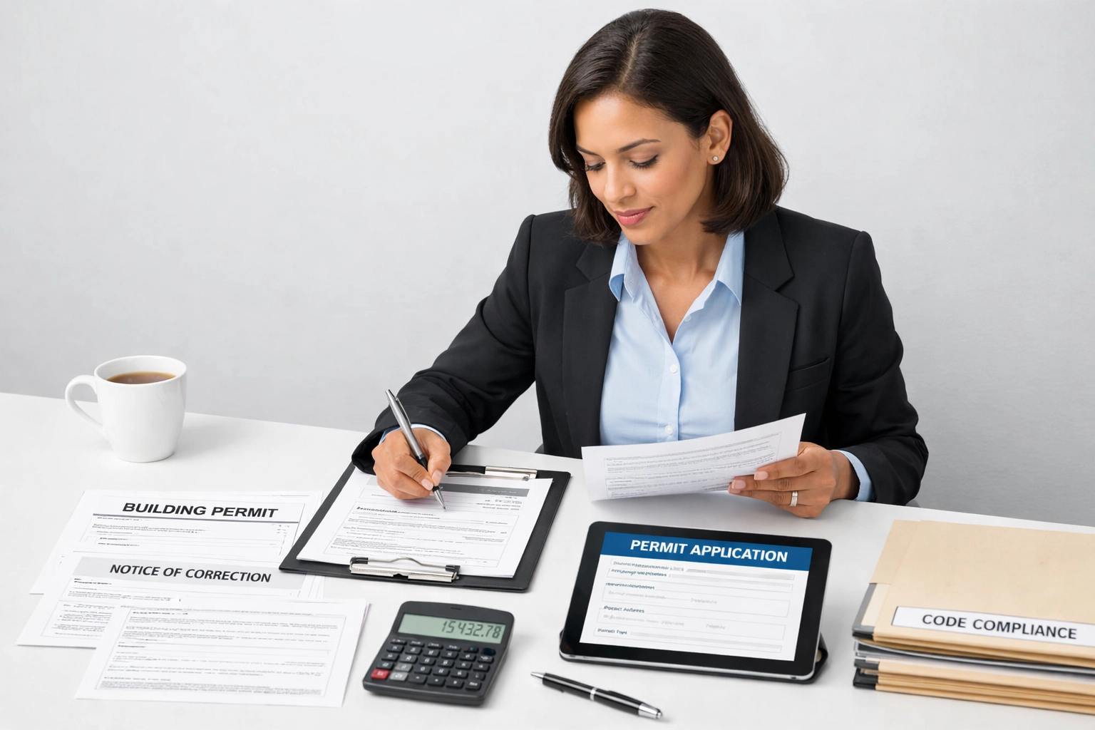 Building permit documents and compliance paperwork being reviewed by Florida code specialist