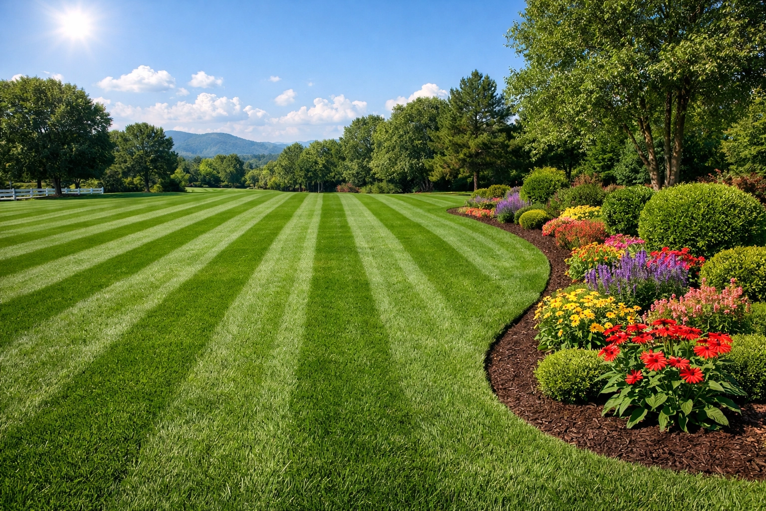 Lush green grass with professional mowing stripes for expert lawn care in Ooltewah TN.