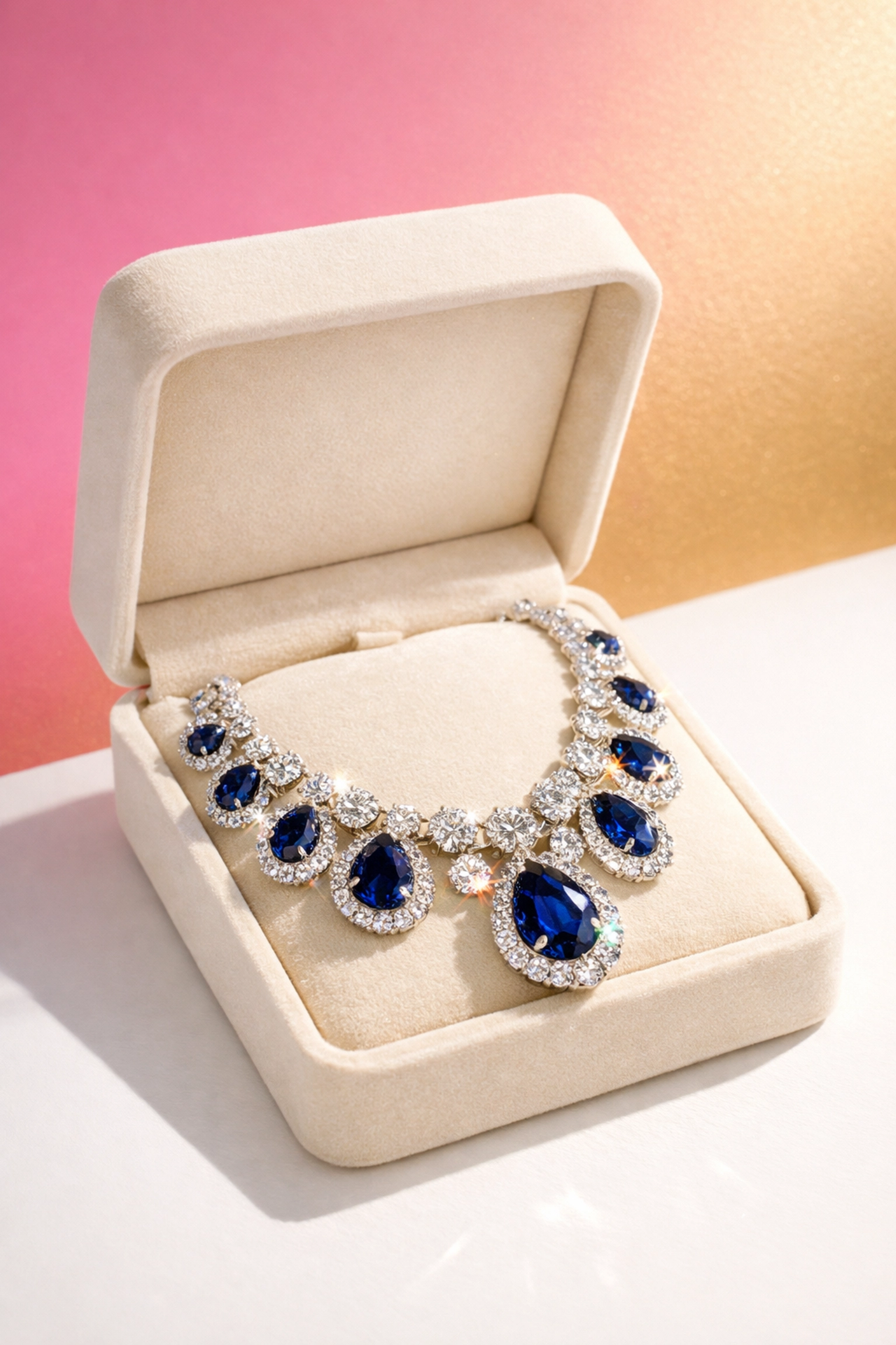 Elegant diamond and sapphire necklace in a velvet box won through a successful online jewelry auction.