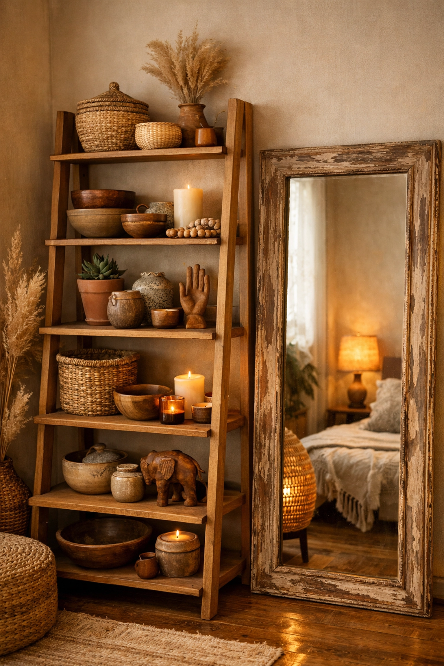 Freestanding wooden shelf styled with handcrafted home accessories for rental apartments