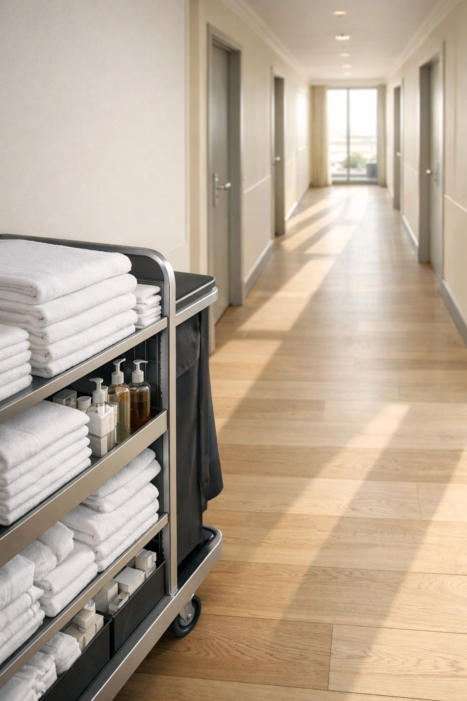 Organized housekeeping trolley in a bright hotel hallway representing automated operational efficiency.