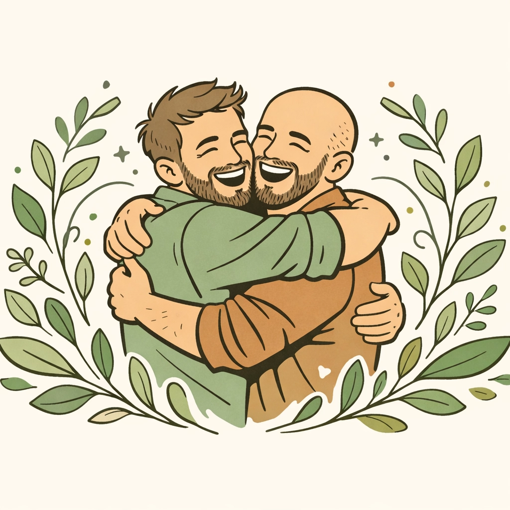 Joyful green illustration of a gay couple embracing, celebrating the beauty of an authentic and proud life.