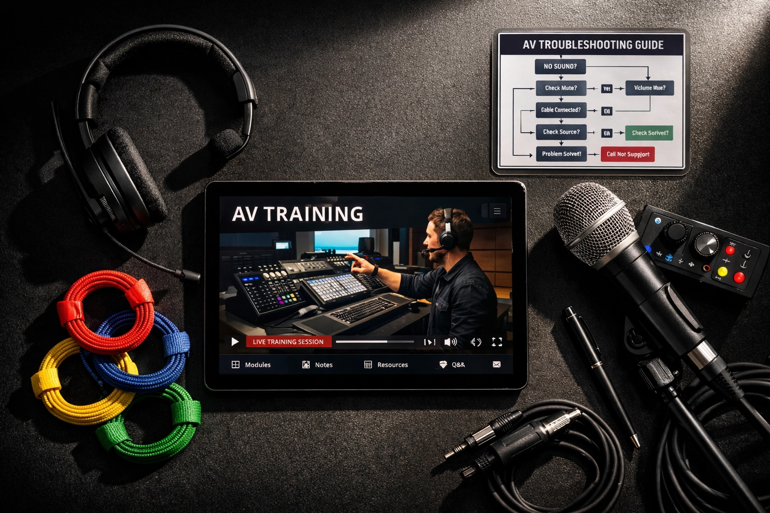 Organized AV training workspace with tablet, headset, and reference materials