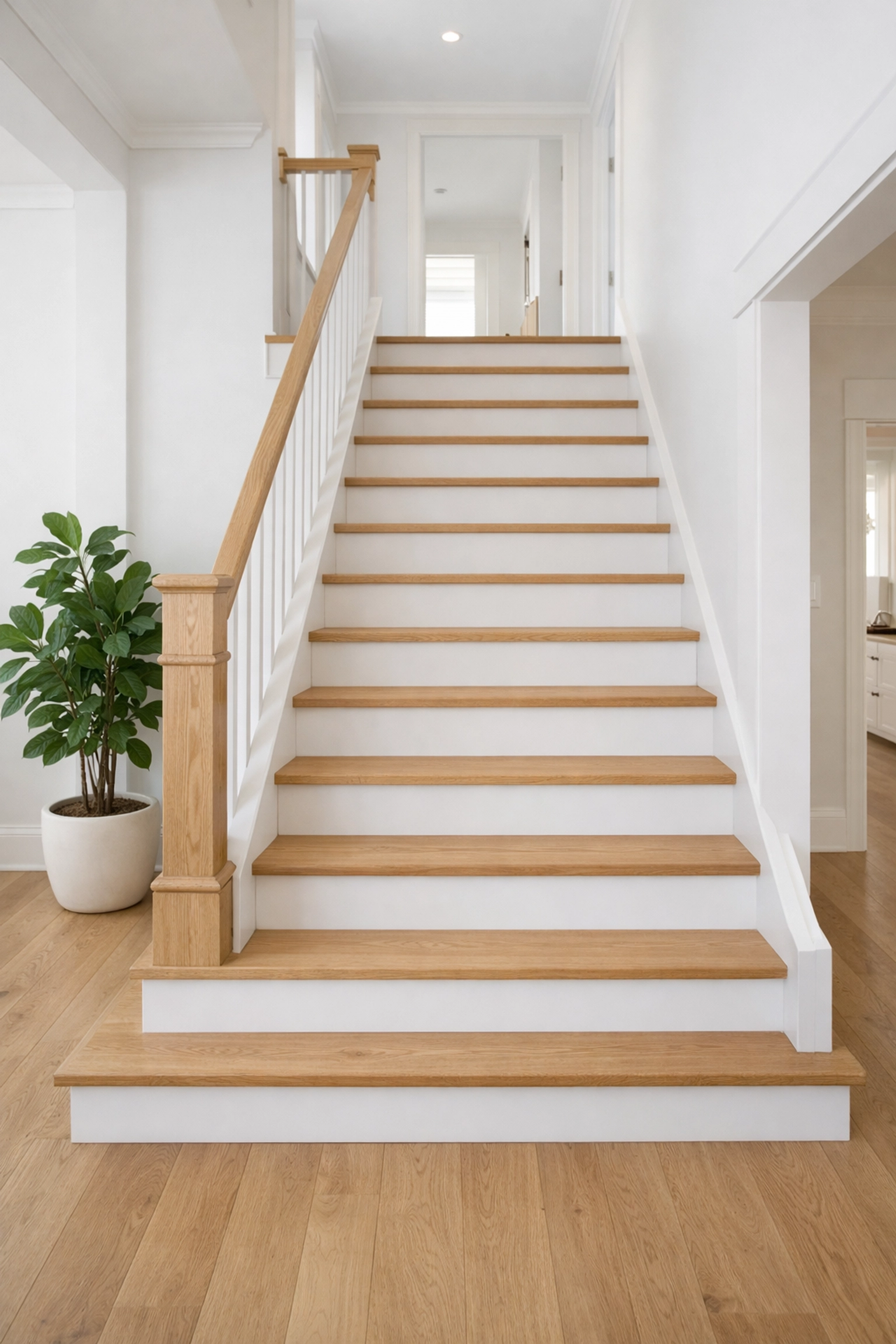 A wide, clutter-free wooden staircase providing a safe and clear path for better home accessibility.