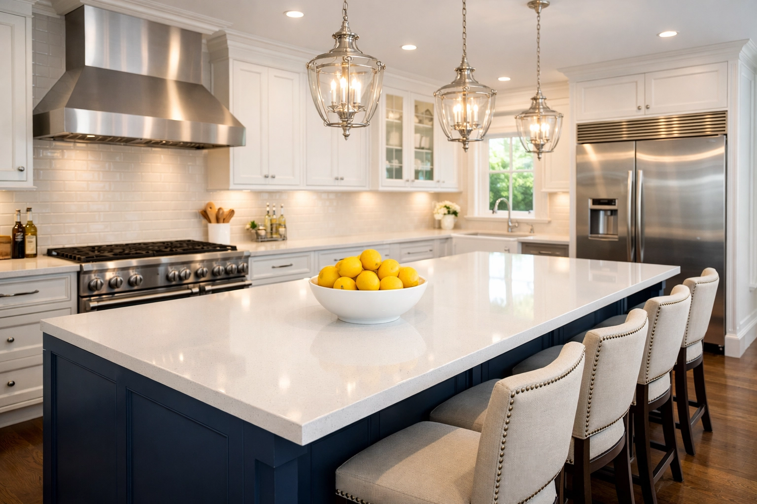 Luxury Westford kitchen after a deep cleaning service, featuring sparkling white and blue decor.