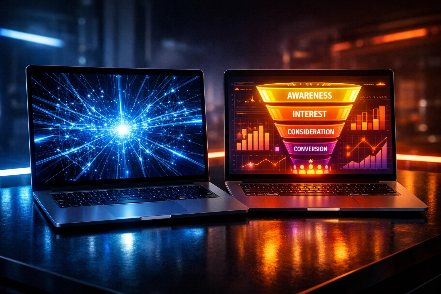 Dual high-tech laptops displaying personalized marketing funnels and data webs for digital conversion optimization.