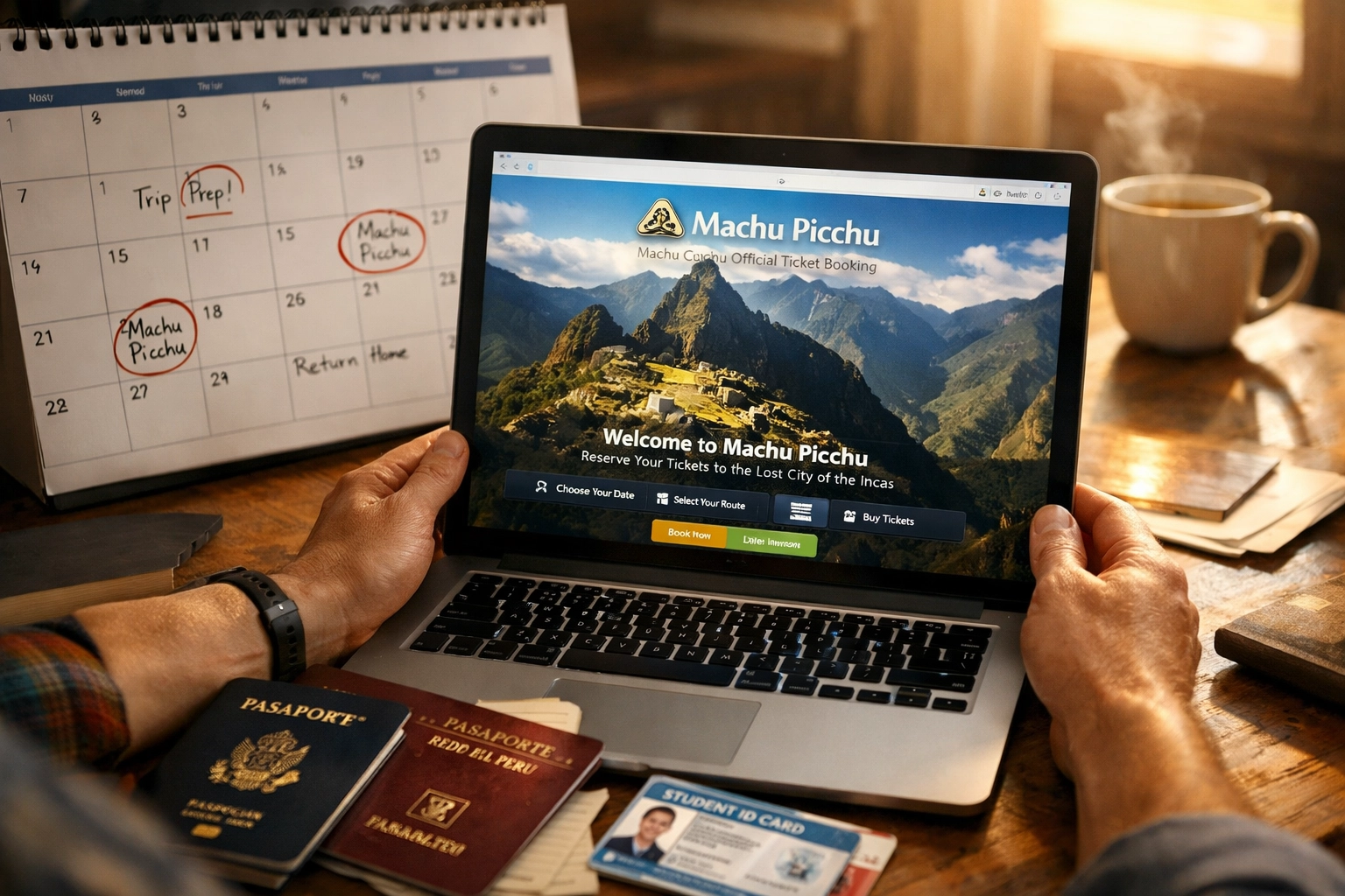 Teacher planning Machu Picchu student trip with laptop, calendar, and student documents on desk
