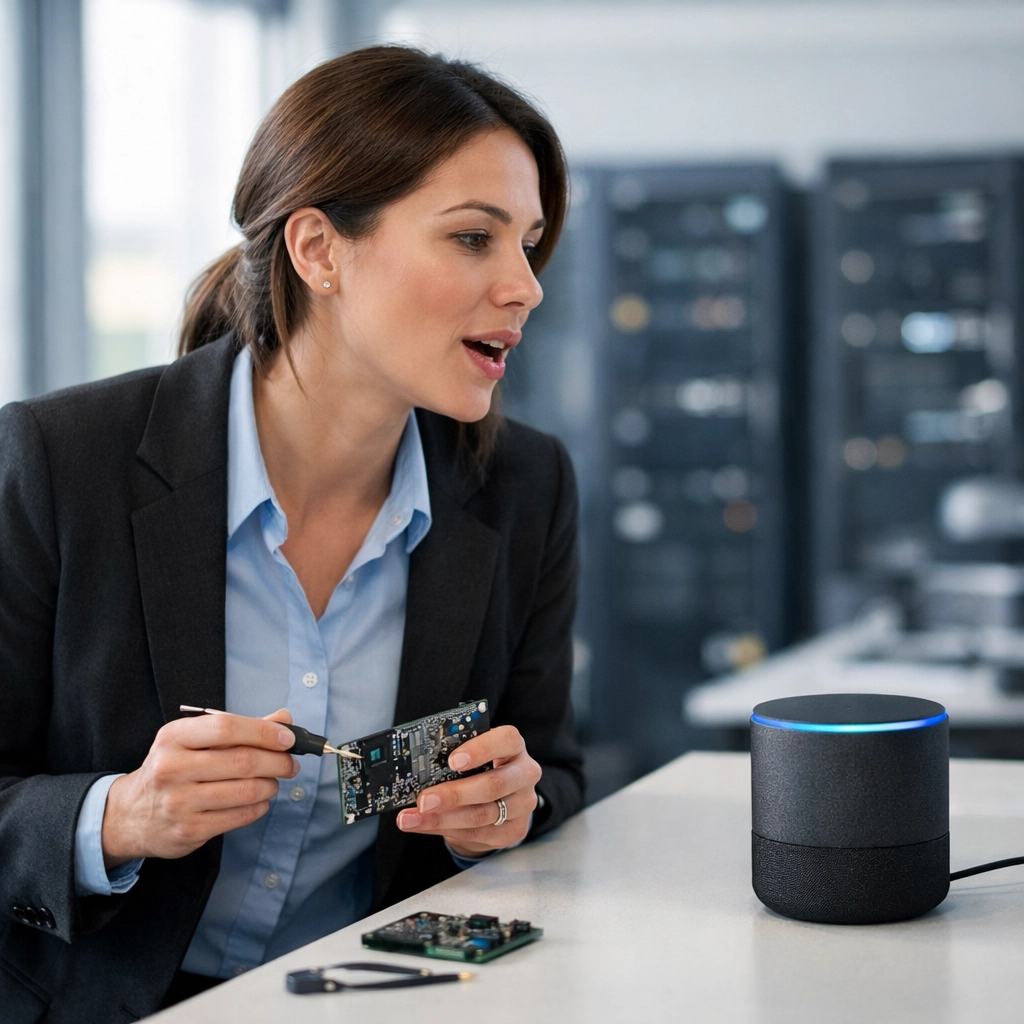 IT professional using voice-activated Amazon Alexa for ServiceNow tasks in a modern lab setting.