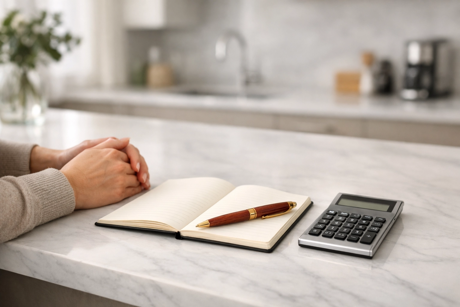 Calculating repayments for a no credit check loan Canada with a notebook and calculator.