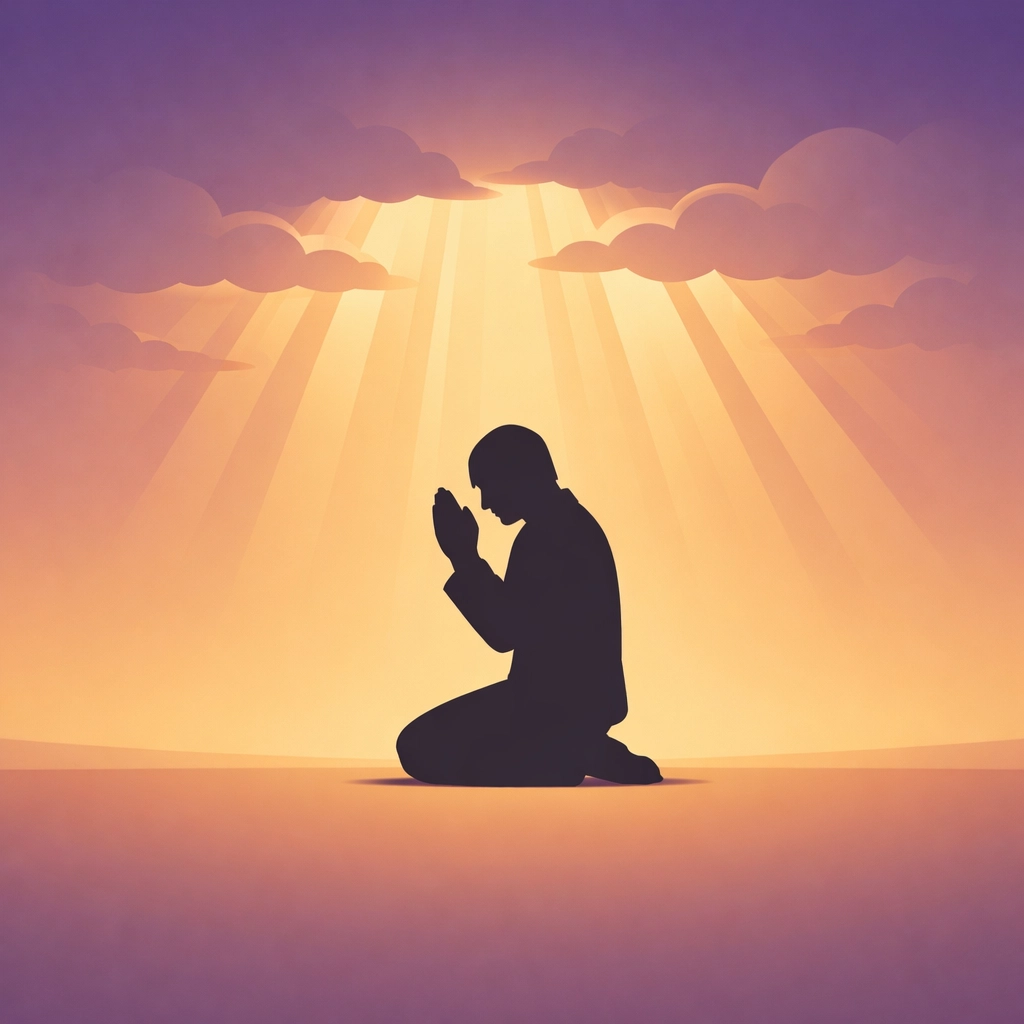 Person kneeling in prayer surrounded by divine light, seeking healing from trauma through Christ