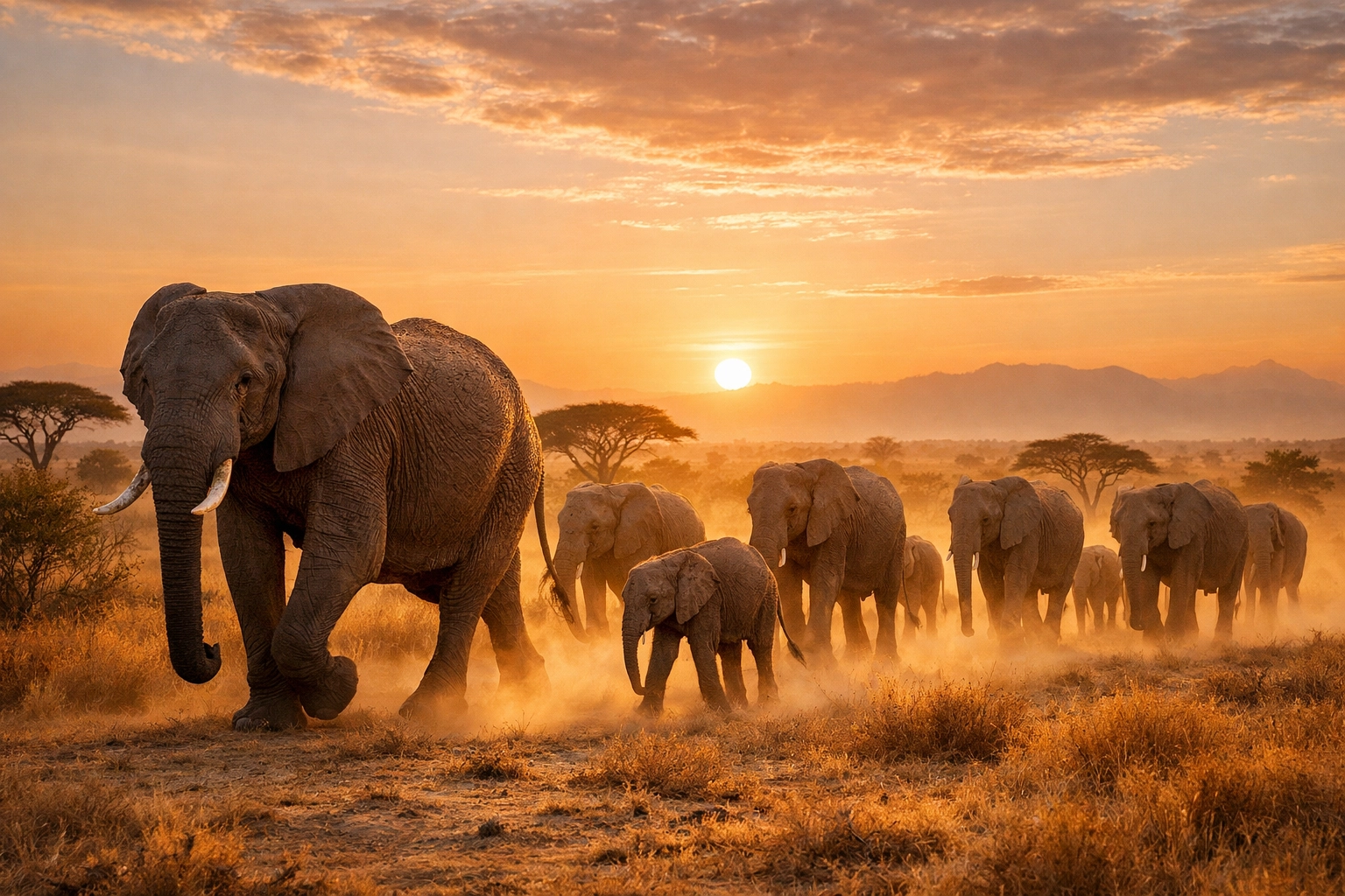 African Elephant herd migrating at dawn, showcasing ethical wildlife imagery for zoo conservation missions.