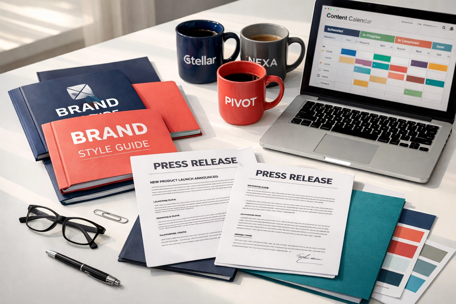 Organized workspace showing press release automation for multiple brands