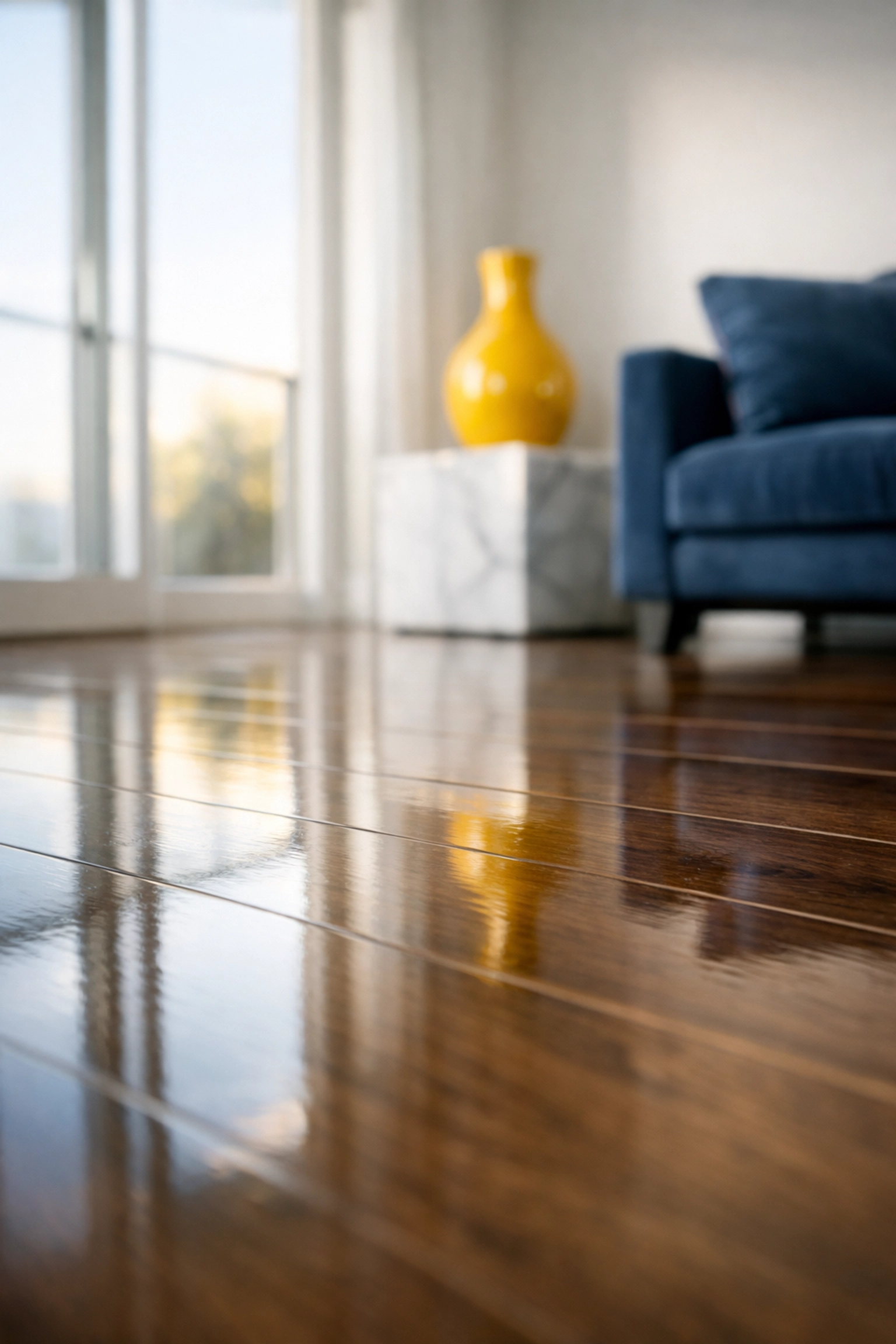 Pristine, streak-free hardwood floor in a modern living room without any sticky cleaning residue.