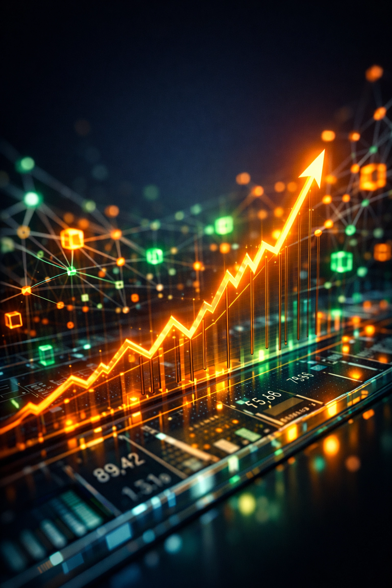 Futuristic digital analytics dashboard showing a rising growth graph for predictive lead generation tracking.