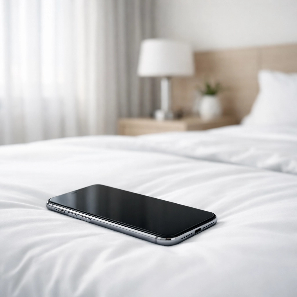 Smartphone on a clean hotel bed representing digital hotel management software and task automation.