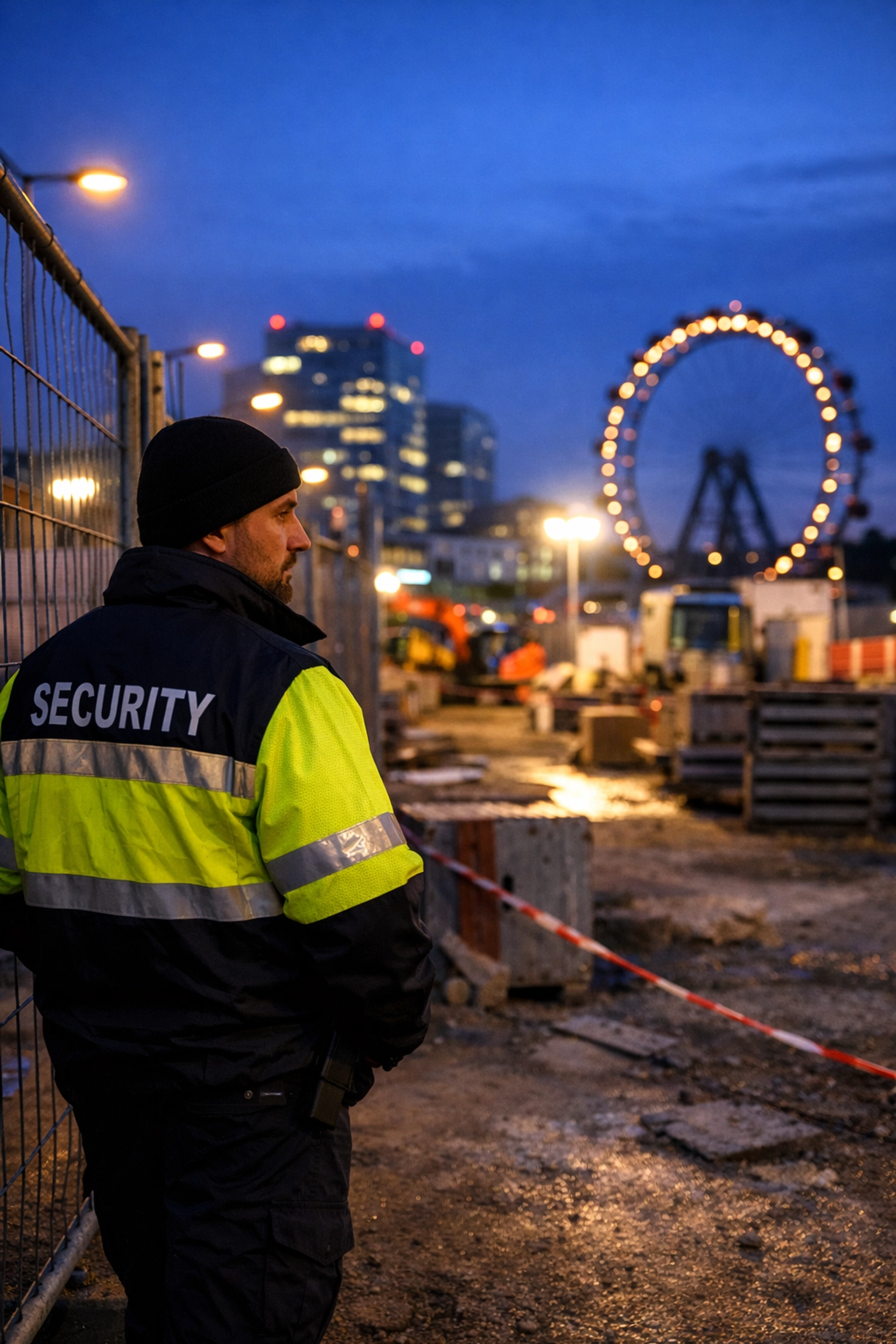 Sicherheitsmitarbeiter patrouilliert bei Dämmerung an einer Baustelle in Wien zur professionellen Baustellensicherung.