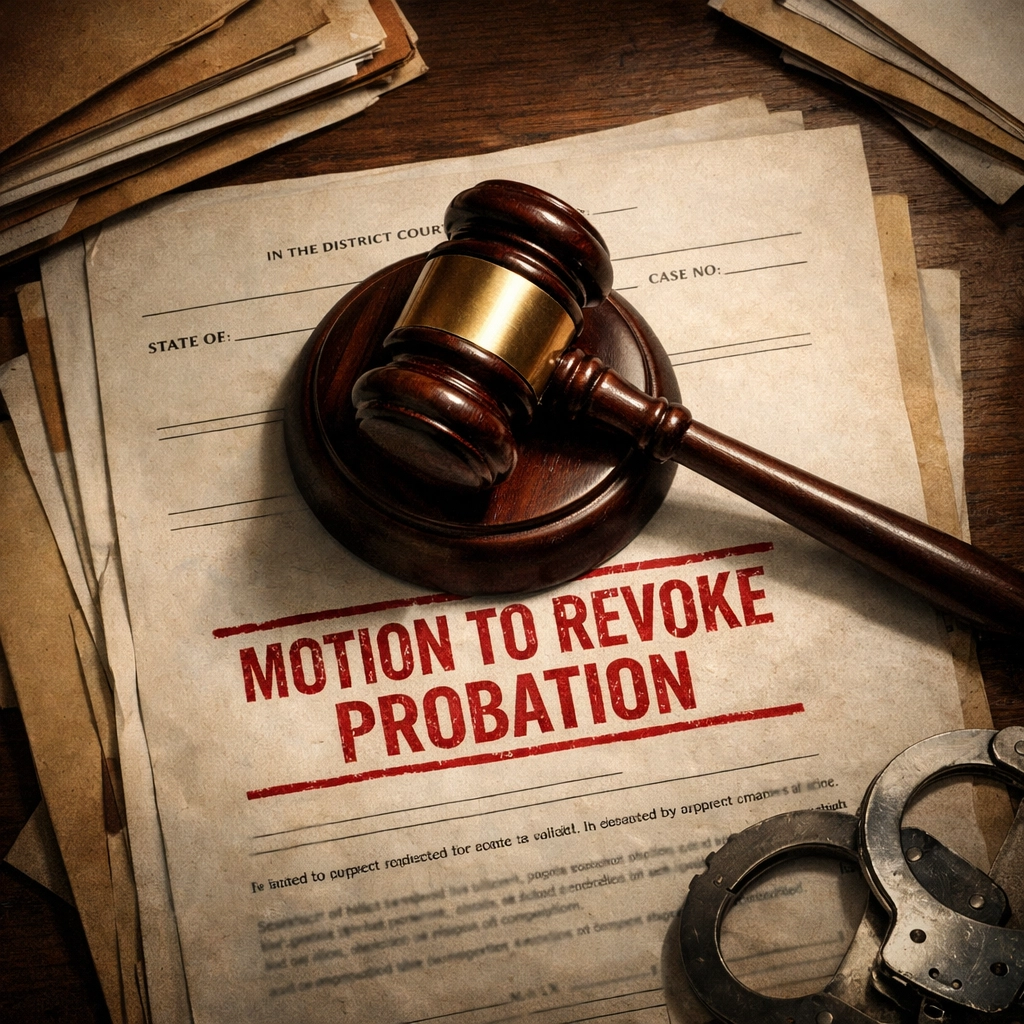 Motion to Revoke Probation documents with judge's gavel and handcuffs on desk