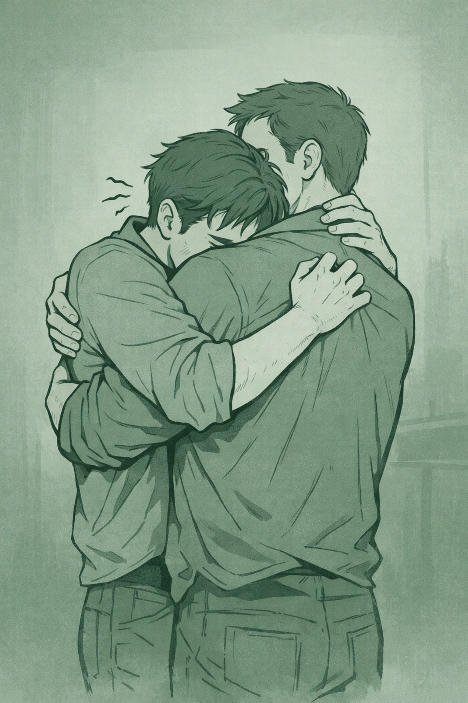 MM embrace showing emotional vulnerability and profound connection between bisexual men finding acceptance