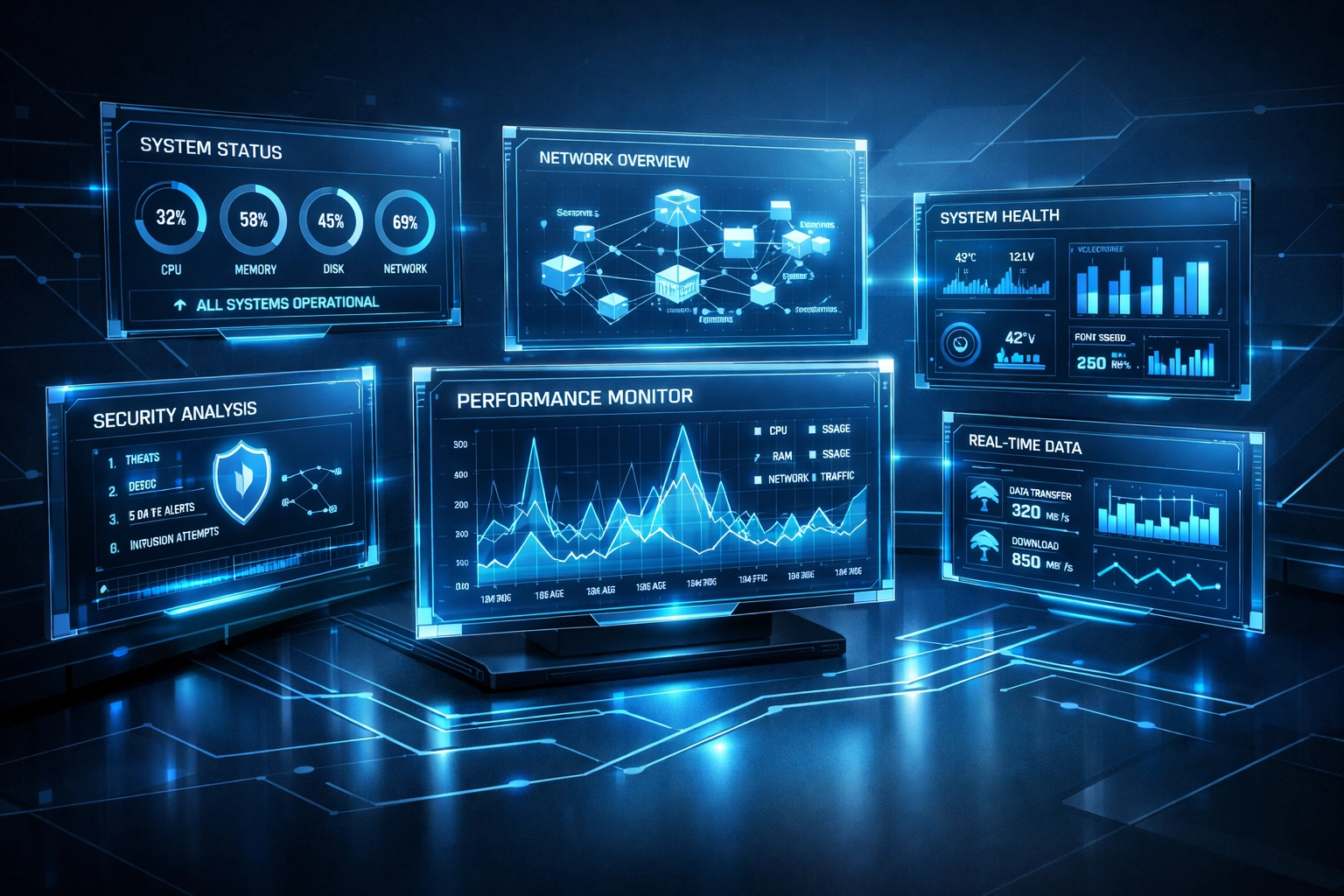 Remote IT monitoring dashboard showing network health metrics and system status for managed services