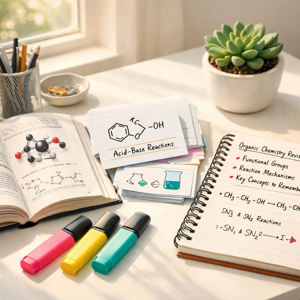 Organized GCSE Chemistry revision materials with textbooks and notes for exam preparation