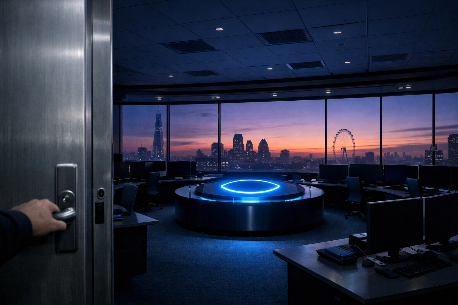 A quiet, automated Command Centre at dawn, illustrating a lights-off operation and locked war room door.