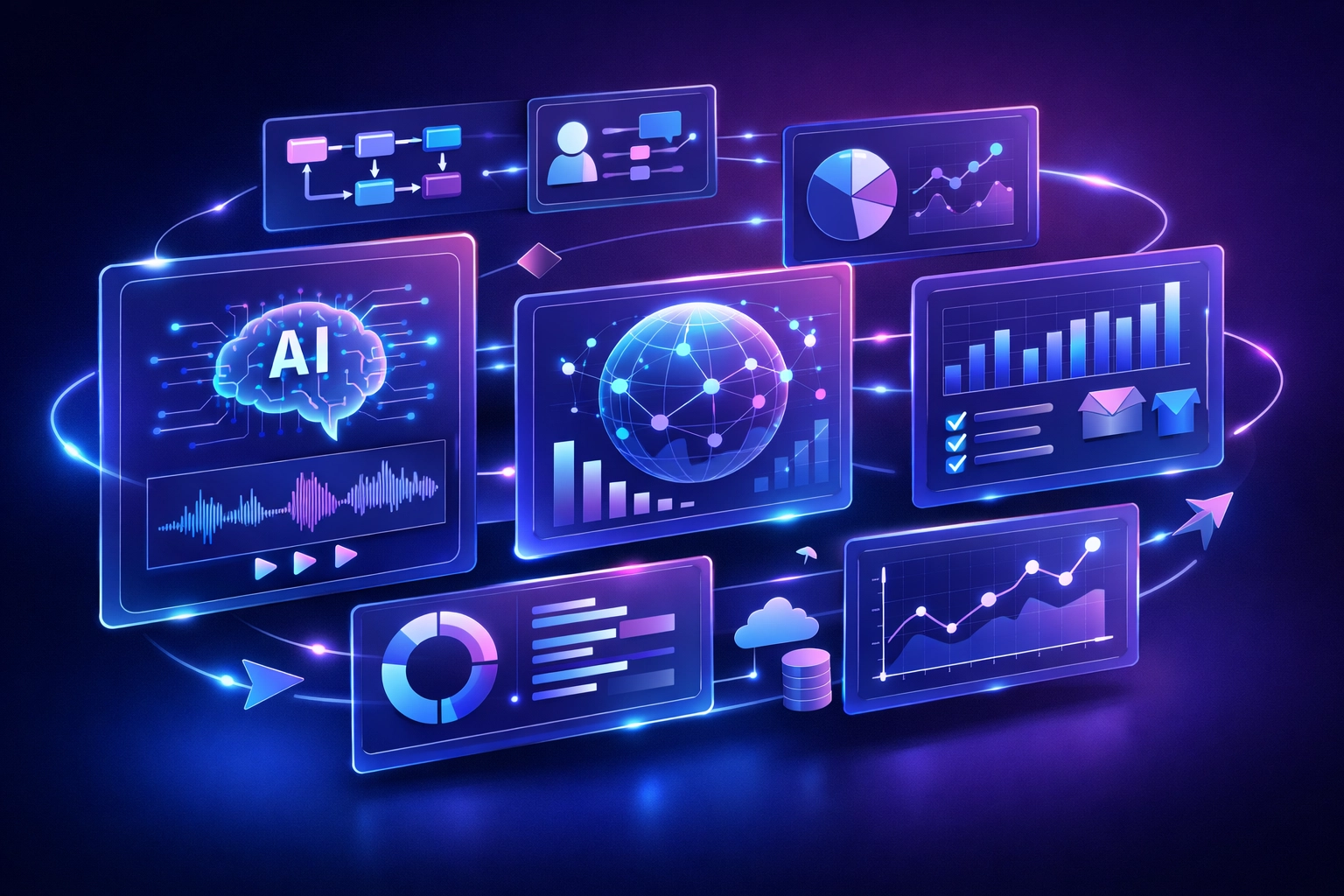 Smart AI Board unified dashboard interface showing interconnected AI tools and workflow management panels