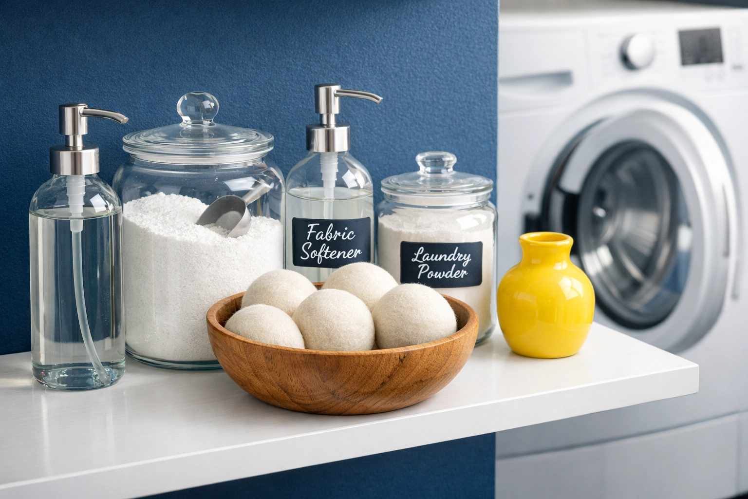 Organized laundry room shelf with detergent containers and a washing machine door left open to air dry.