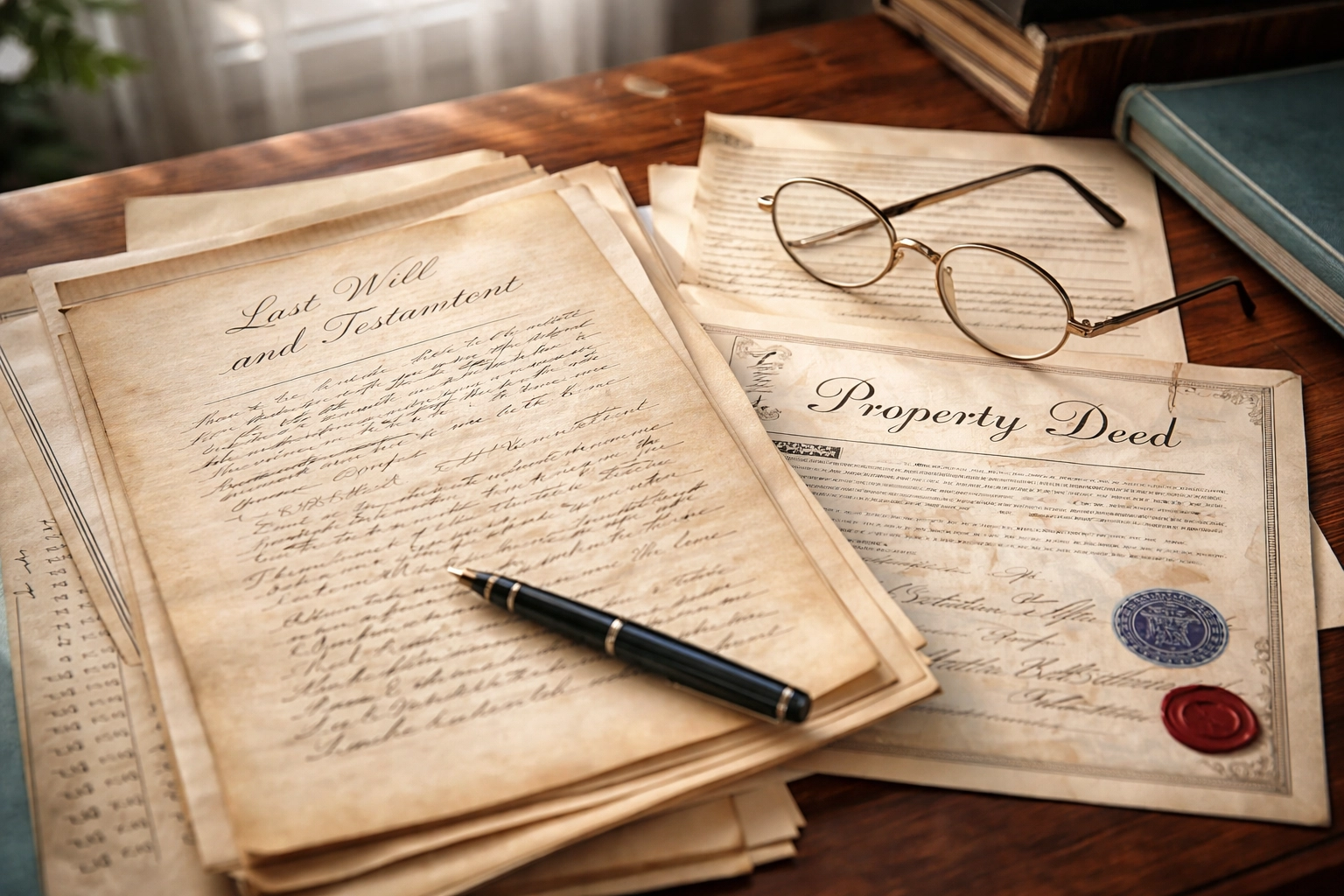 Antique documents and a will on a desk representing inherited property and title insurance issues