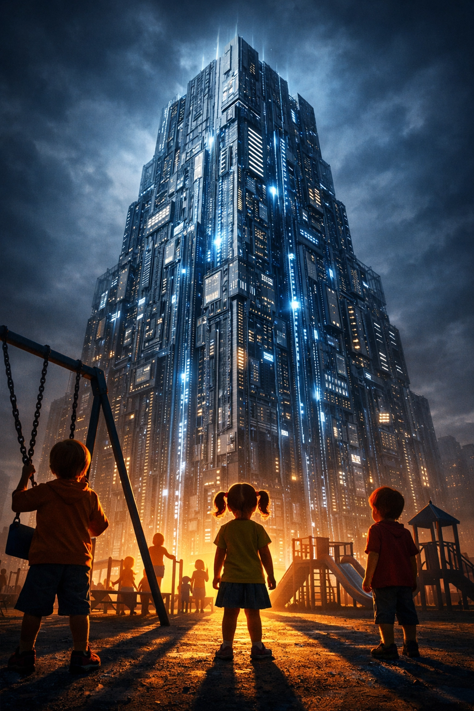 Corporate AI infrastructure towers over children in playground illustrating power imbalance in youth tech