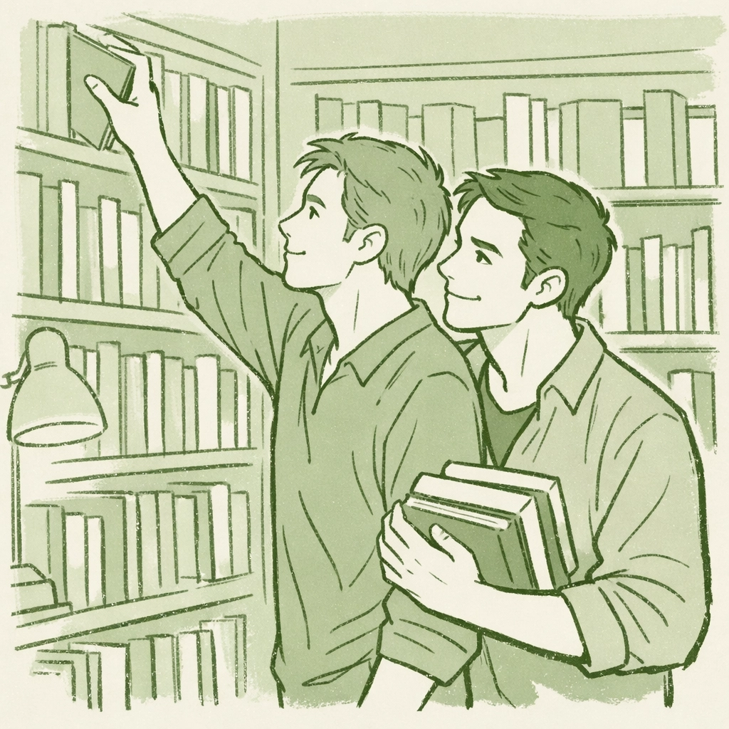 Gay men discovering MM romance books in independent LGBTQ+ bookstore